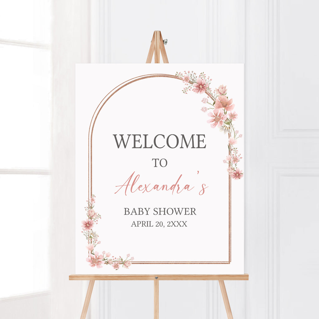 Rustic Pink Flowers Baby Shower Welcome Sign