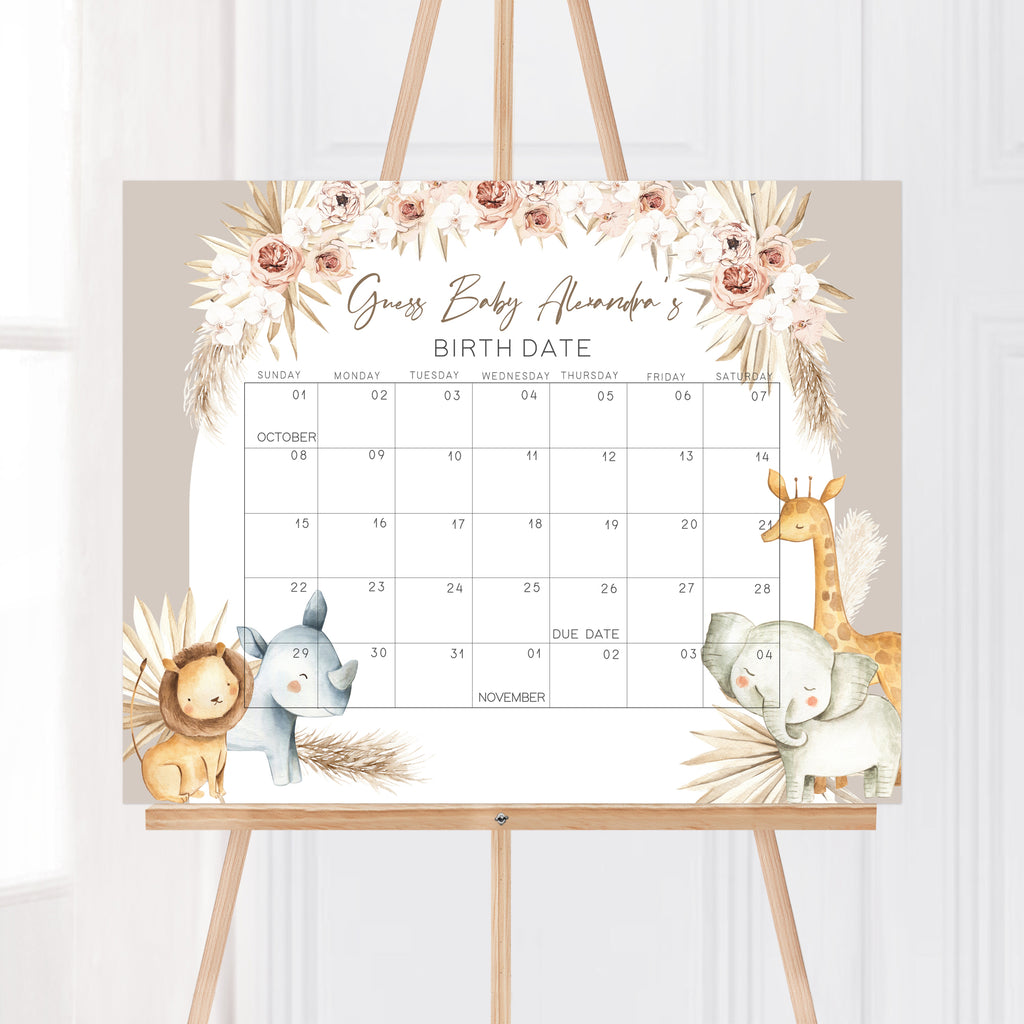 Boho Safari Baby Shower Due Date Calendar