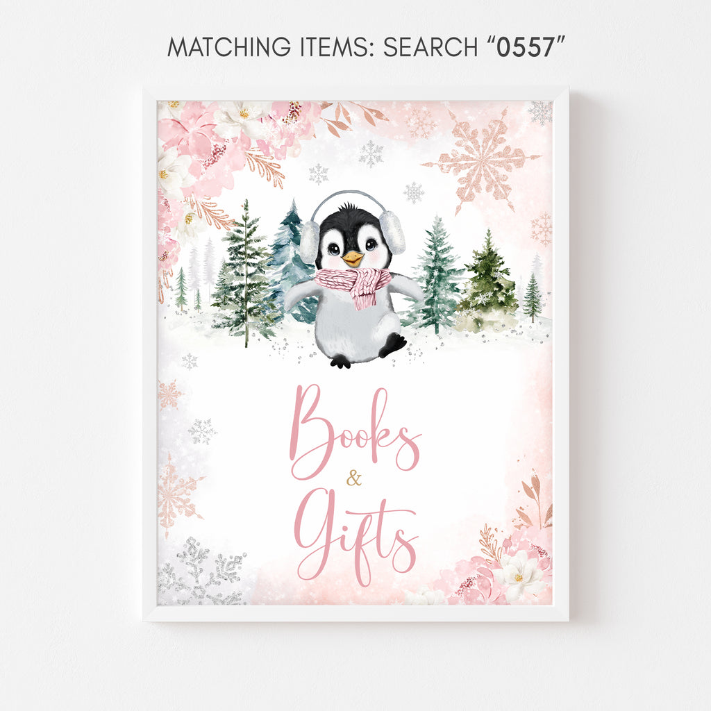 Girl Winter Penguin Baby Shower Books and Gifts Sign