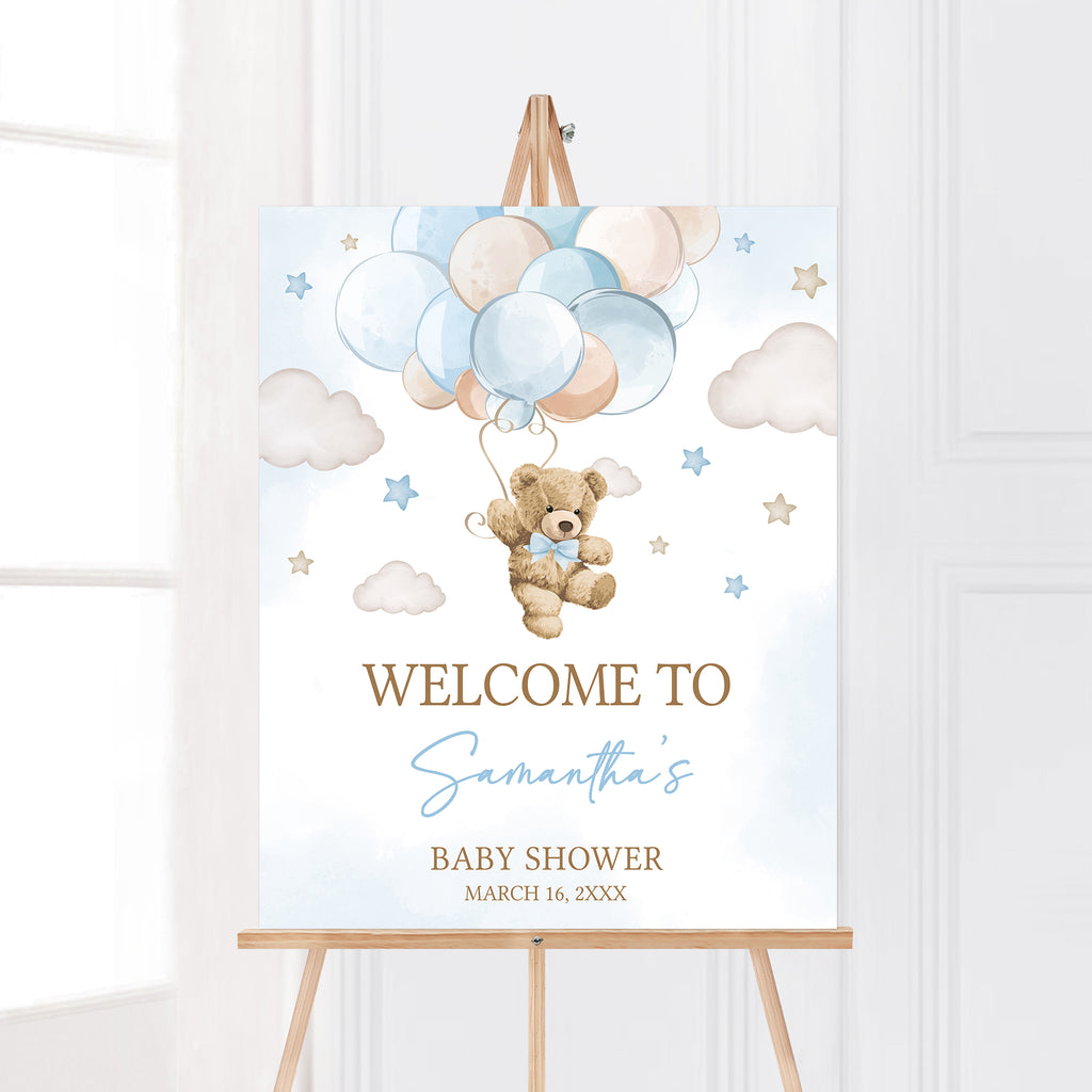 Blue Bear Balloon Baby Shower Welcome Sign