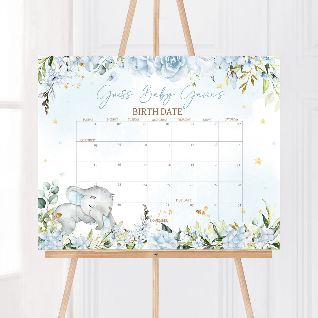 Blue Boy Elephant Baby Shower Due Date Calendar