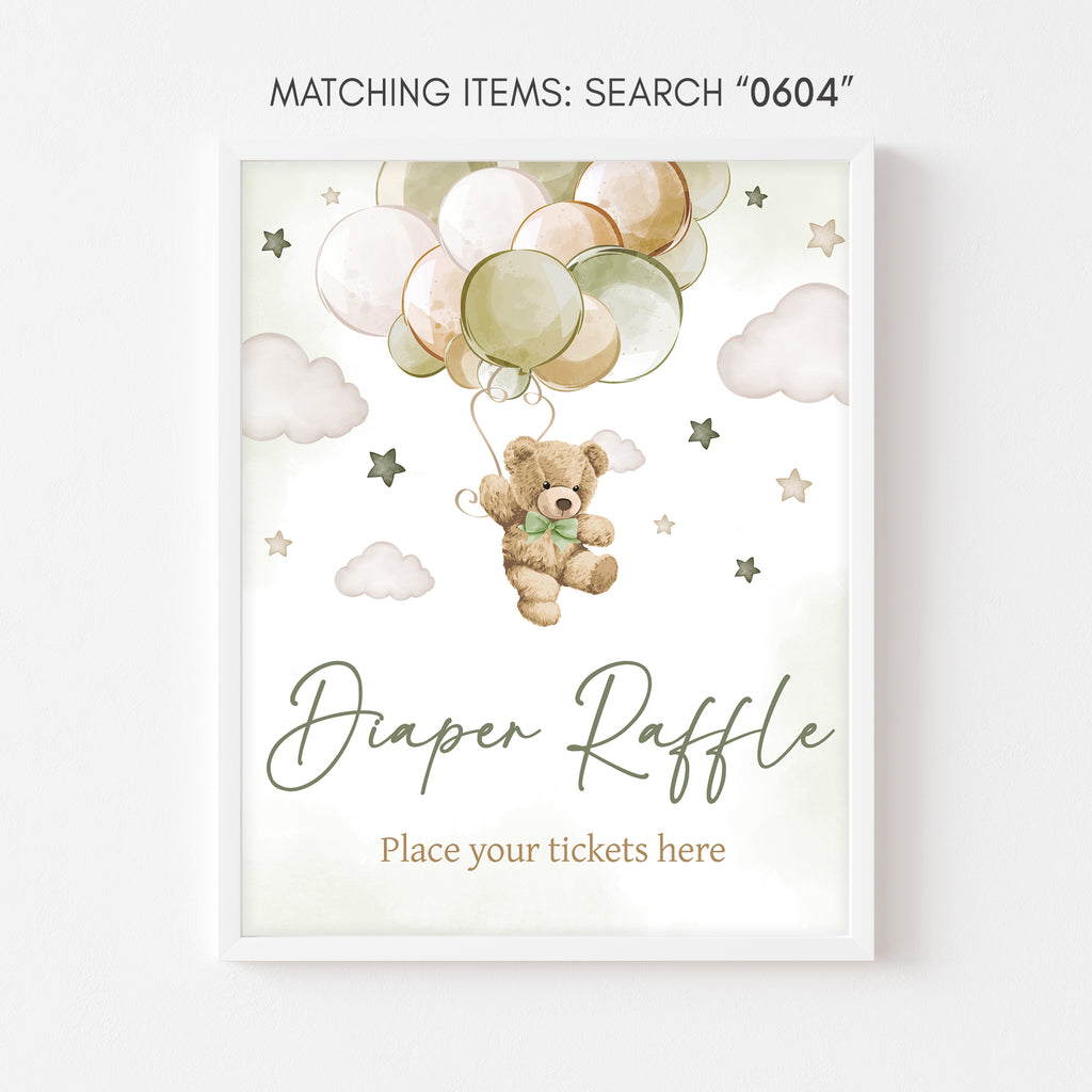 Green Boho Bear Baby Shower Diaper Raffle Sign