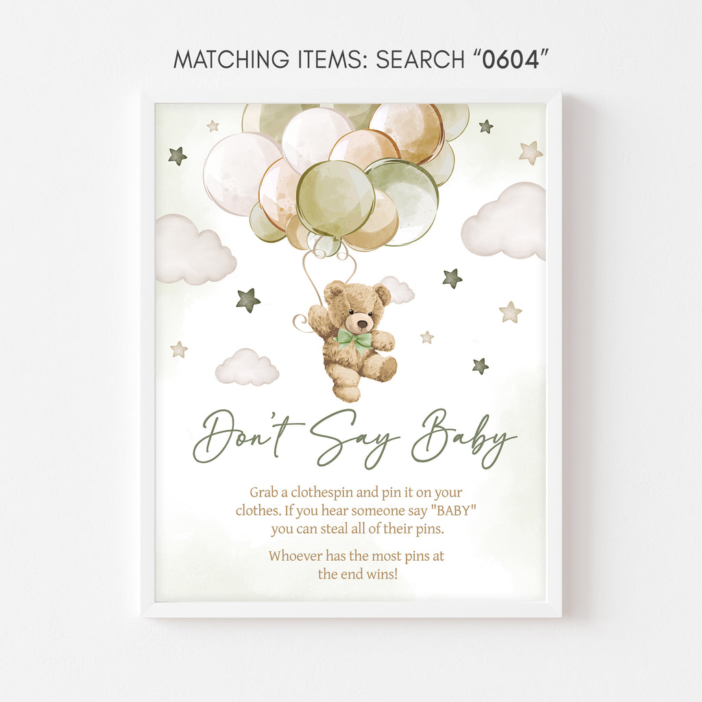 Green Boho Bear Baby Shower Don't Say Baby Sign