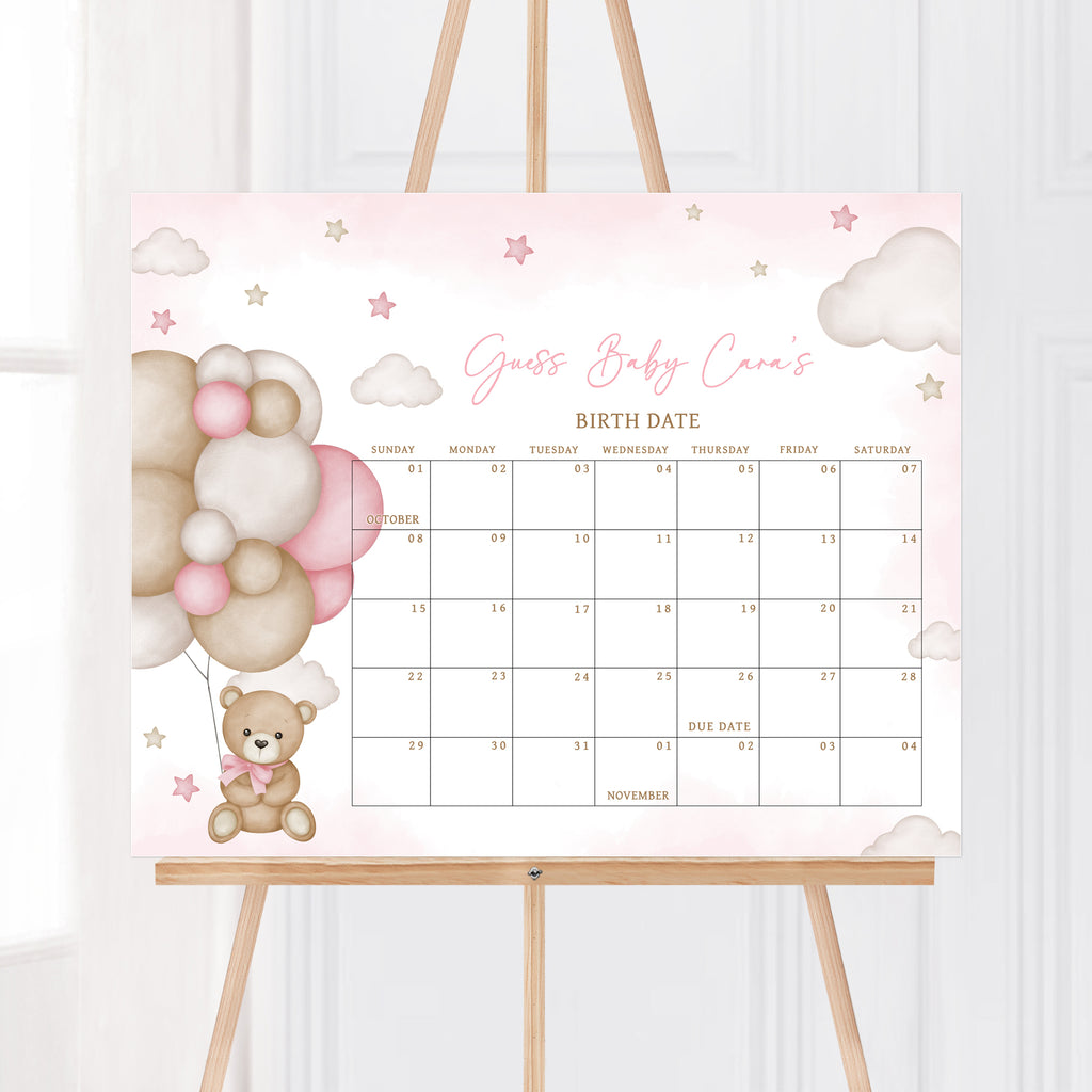 Pink Balloon Bear Baby Shower Due Date Calendar