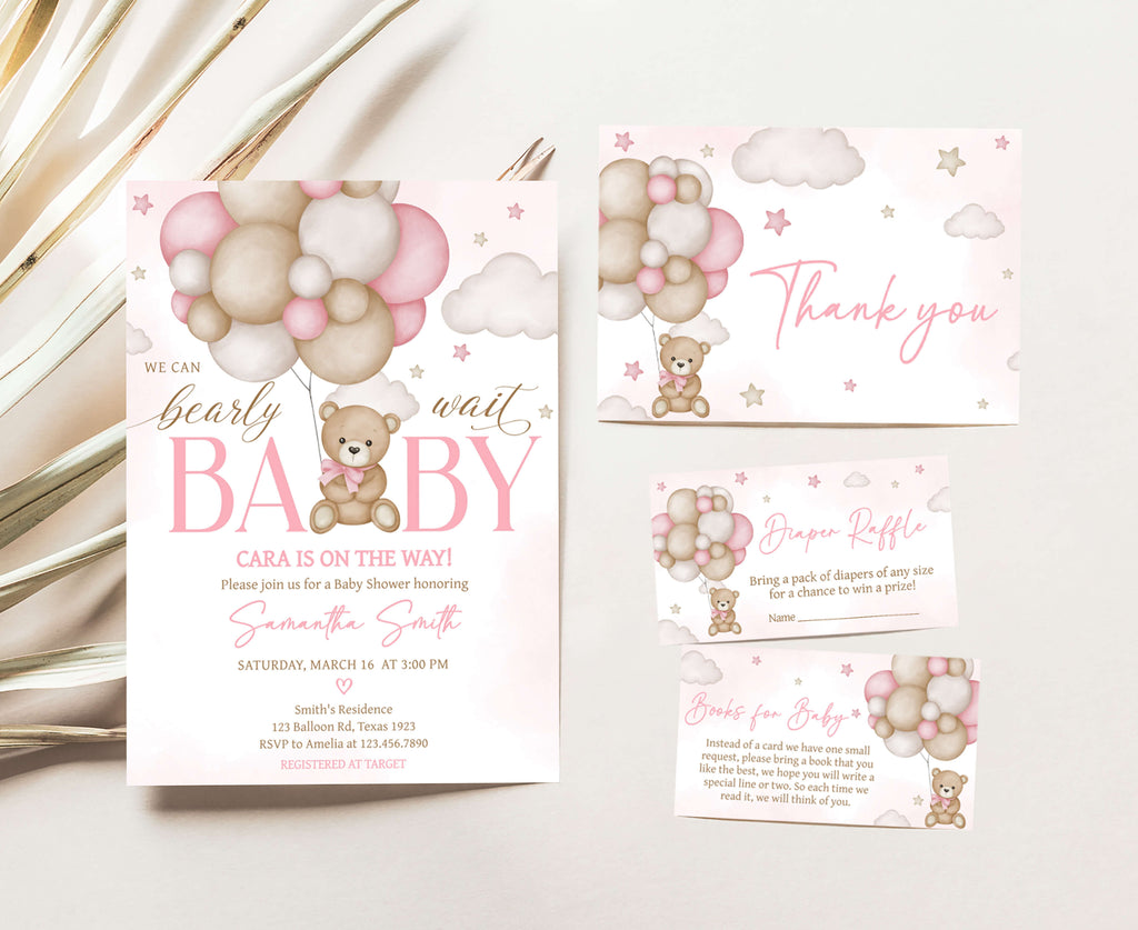 Pink Balloon Bear Baby Shower Invitation Set