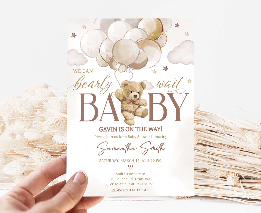 Brown Bear Balloon Baby Shower Invitation