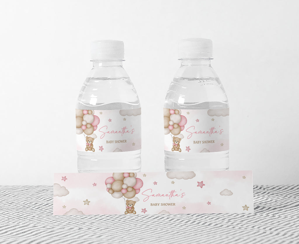 Pink Balloon Bear Baby Shower Bottle Label