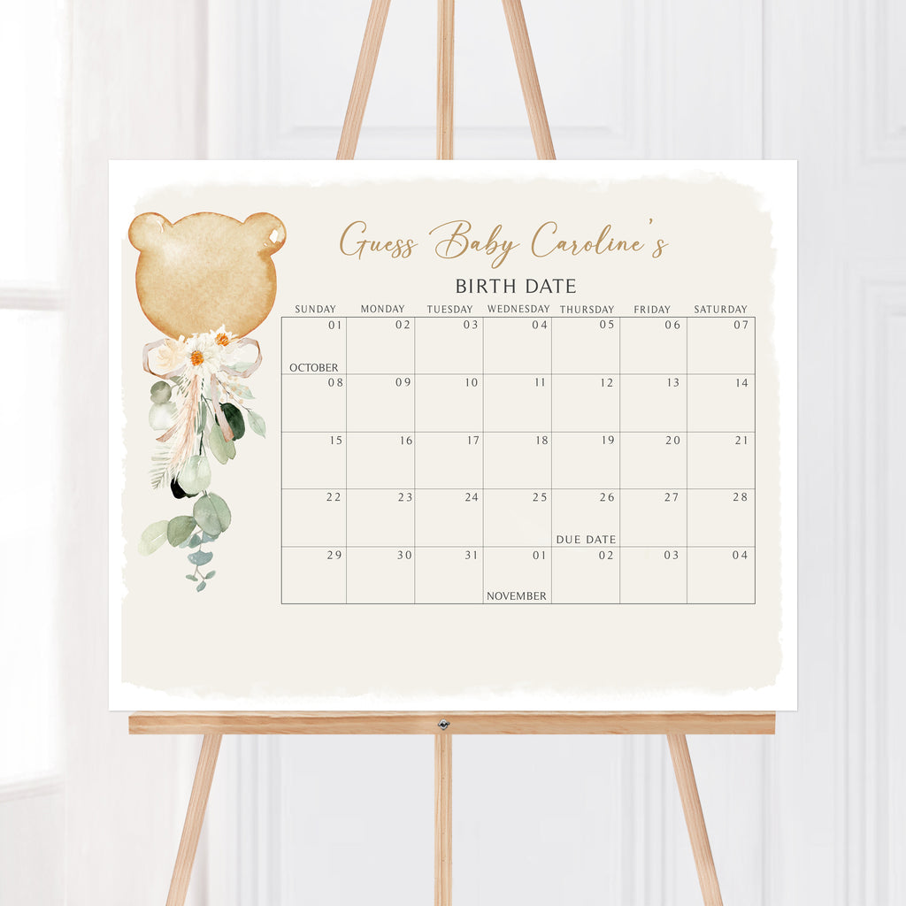 Balloon Bear Baby Shower Due Date Calendar