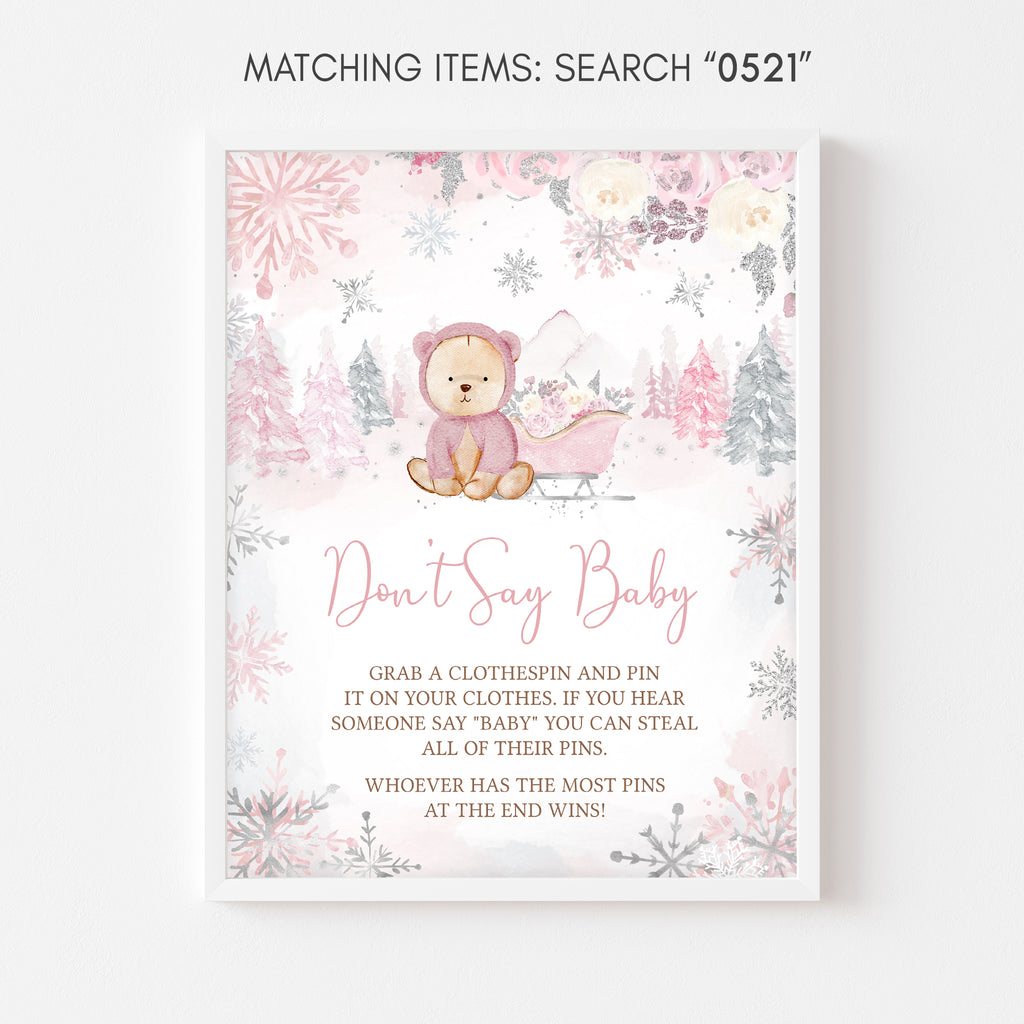 Pink Winter Bear Baby Shower Don't Say Baby Sign