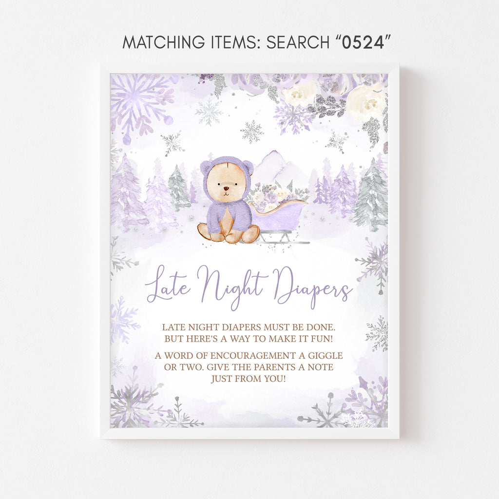 Purple Winter Bear Baby Shower Late Night Diapers Sign