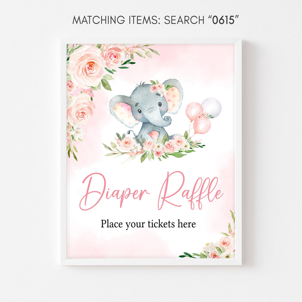 Floral Elephant Baby Shower Diaper Raffle Sign