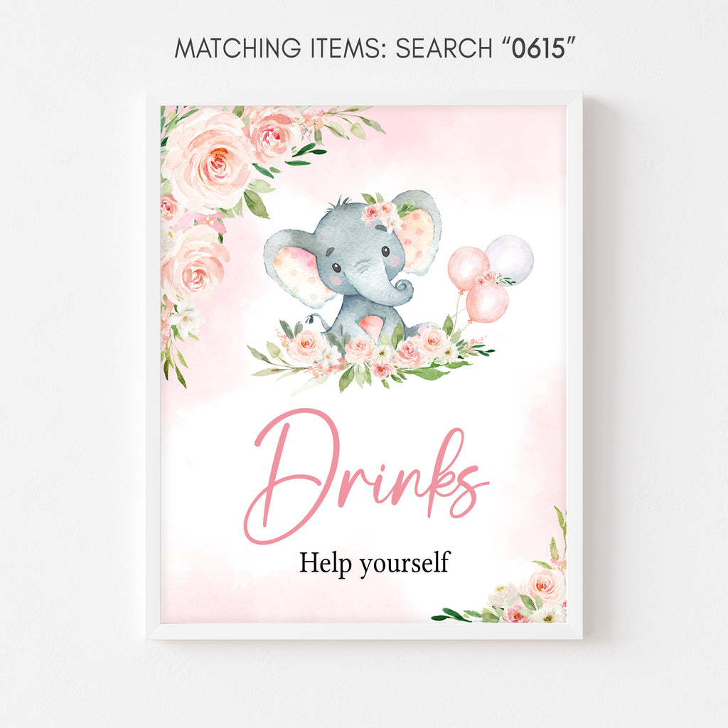 Floral Elephant Baby Shower Drinks Sign