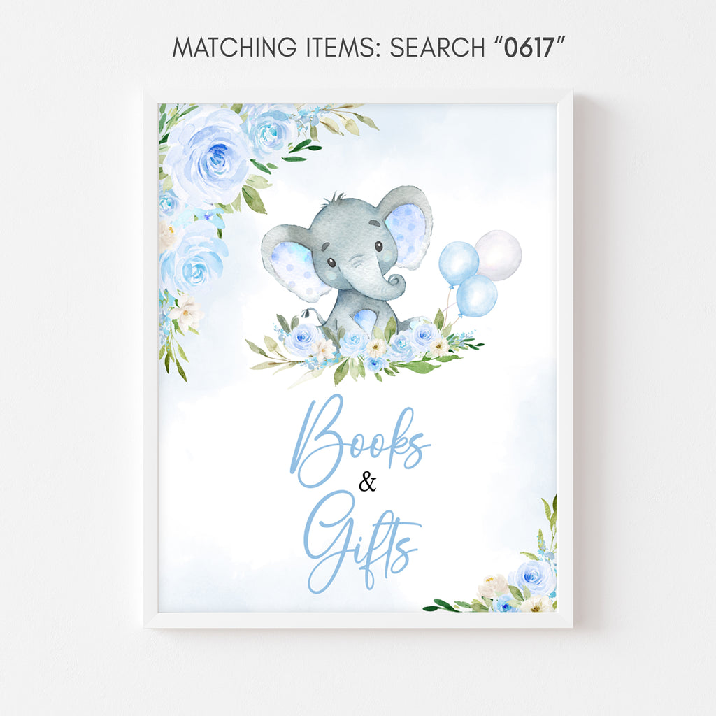 Blue Floral Elephant Baby Shower Books and Gifts Sign