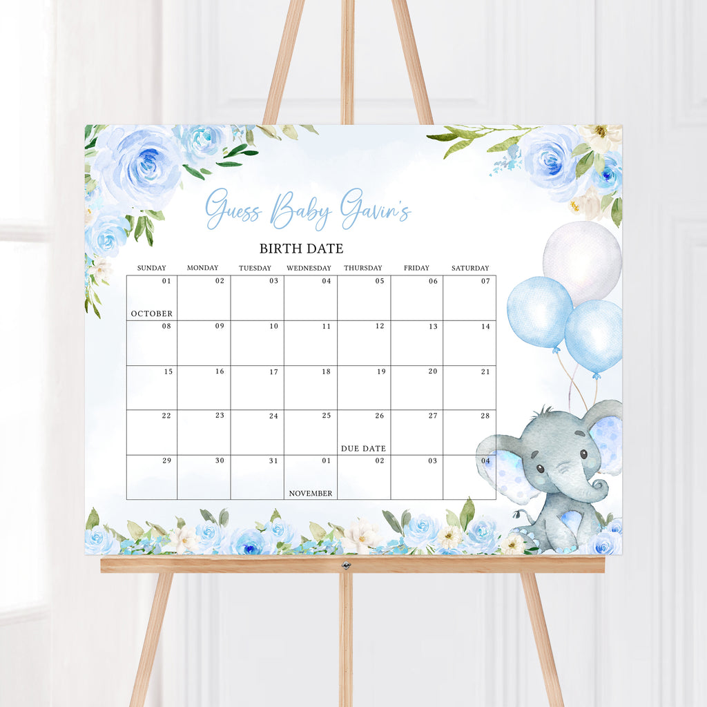 Blue Floral Elephant Baby Shower Due Date Calendar