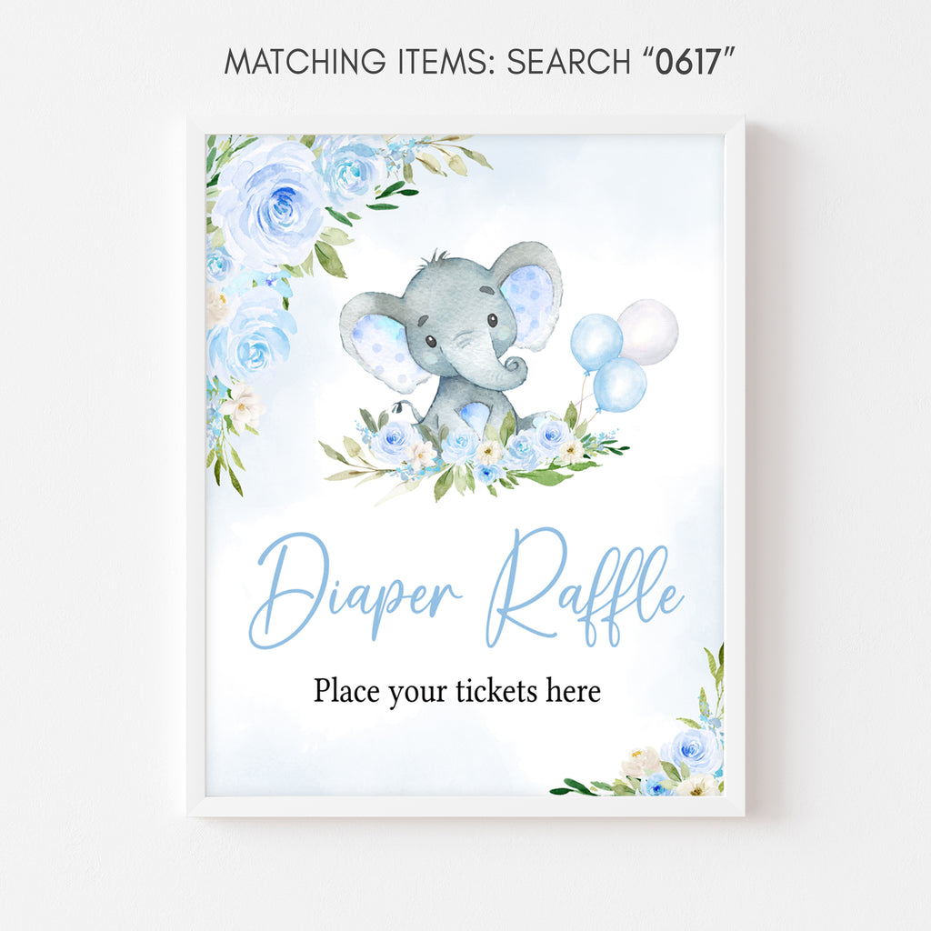 Blue Floral Elephant Baby Shower Diaper Raffle Sign