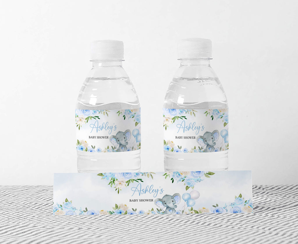 Blue Floral Elephant Baby Shower Bottle Label