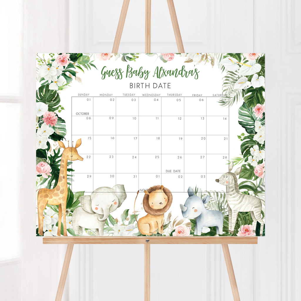 Floral Safari Baby Shower Due Date Calendar