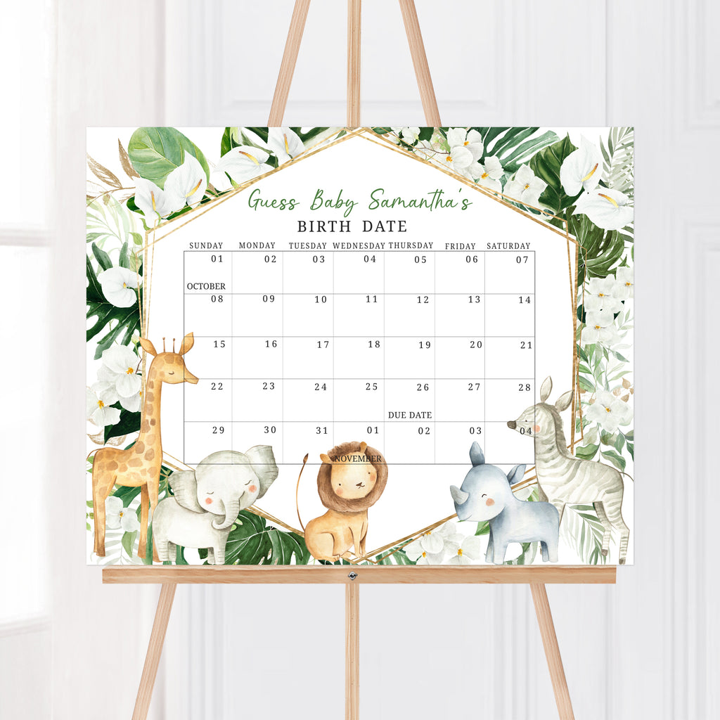 Safari Animals Tropical Baby Shower Due Date Calendar