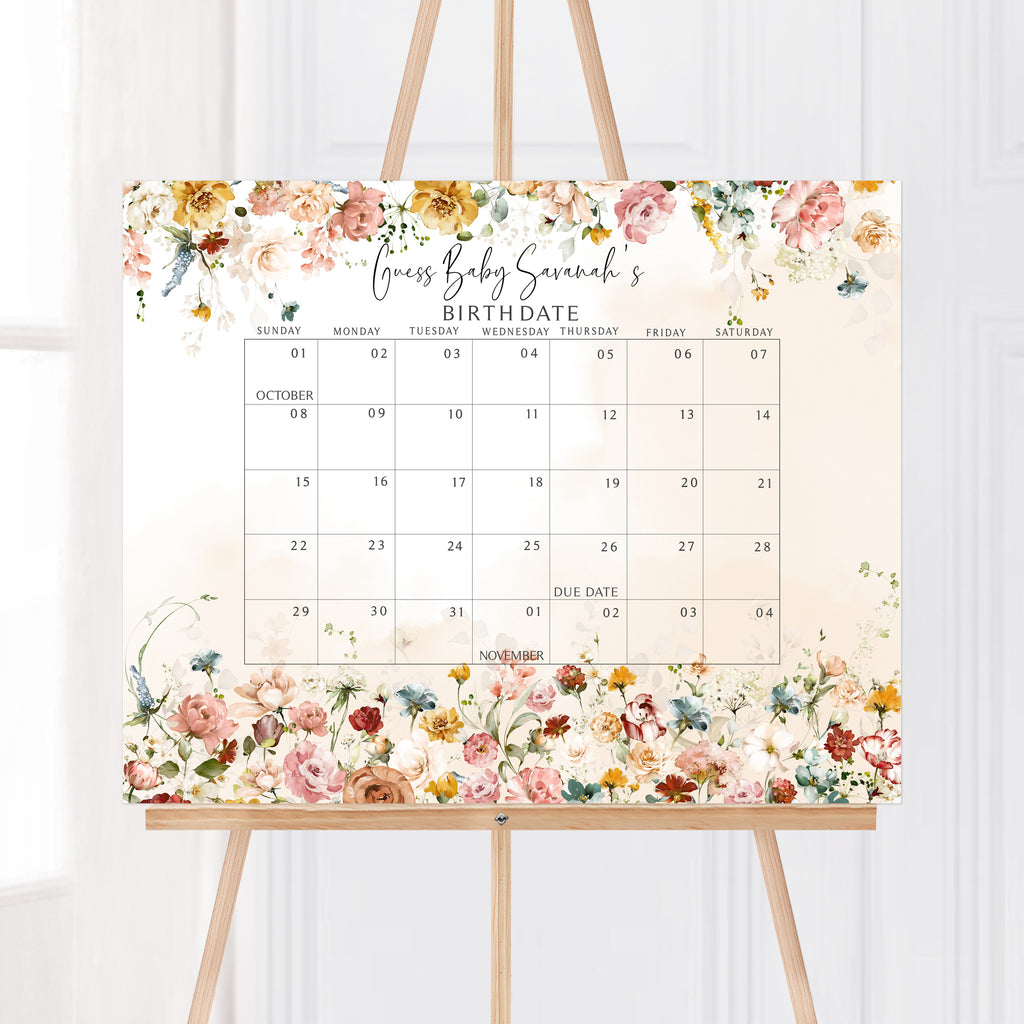 Garden Flowers Baby Shower Due Date Calendar