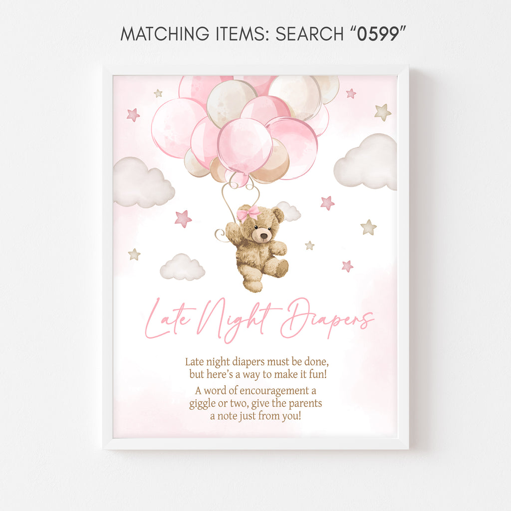 Pink Bear Balloon Baby Shower Late Night Diapers Sign