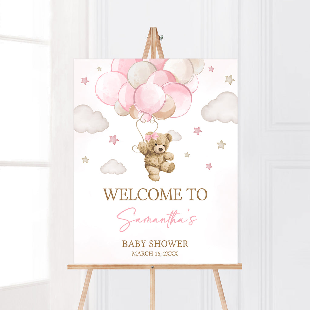 Pink Bear Balloon Baby Shower Welcome Sign