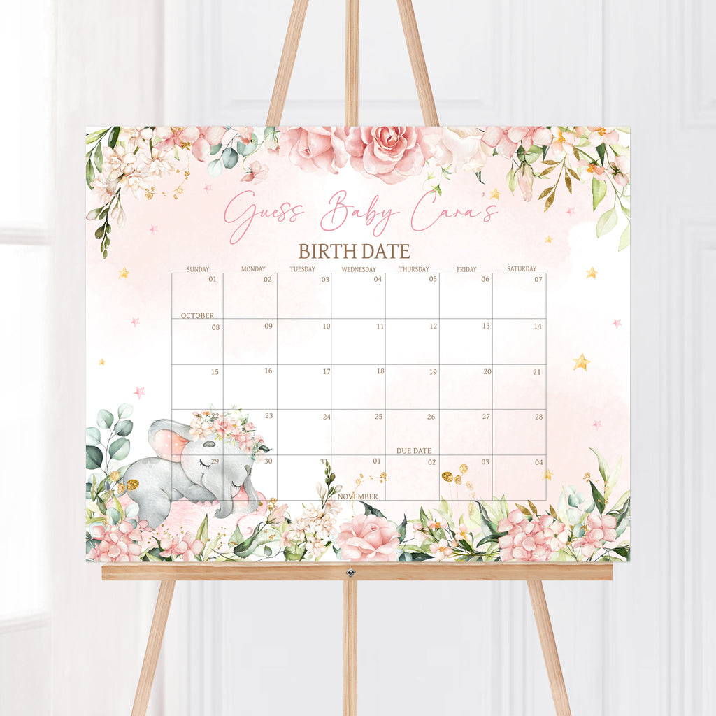 Pink Floral Elephant Baby Shower Due Date Calendar