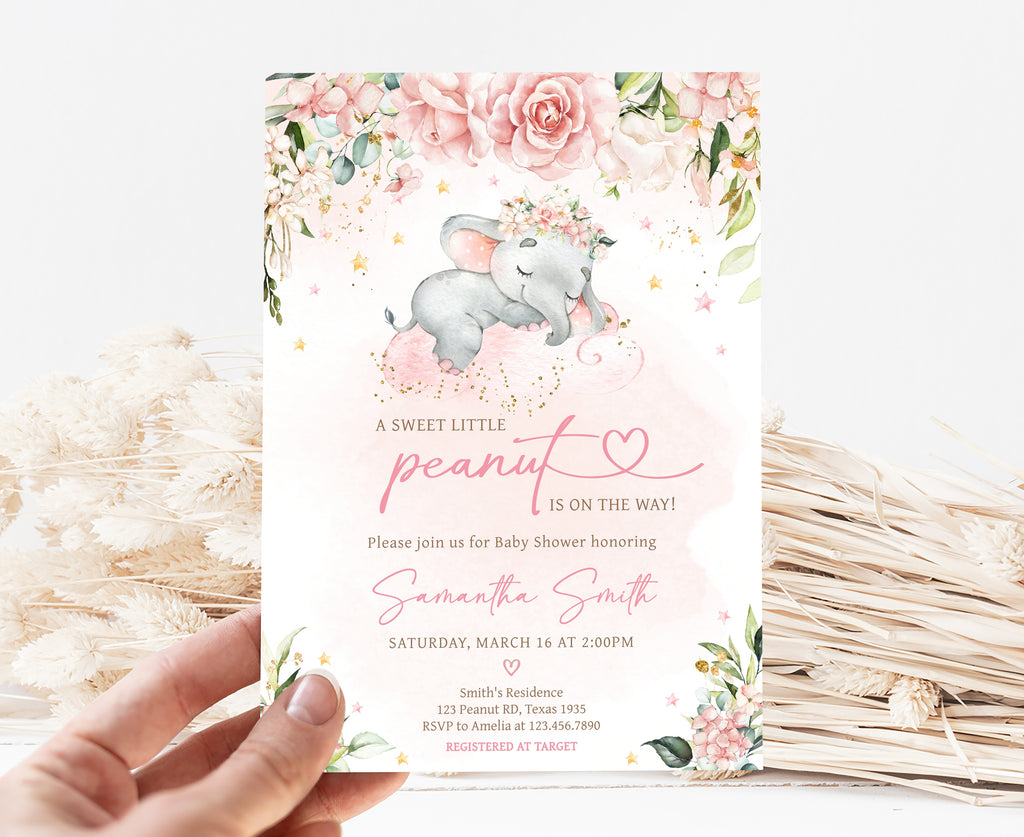 Pink Floral Elephant Baby Shower Invitation