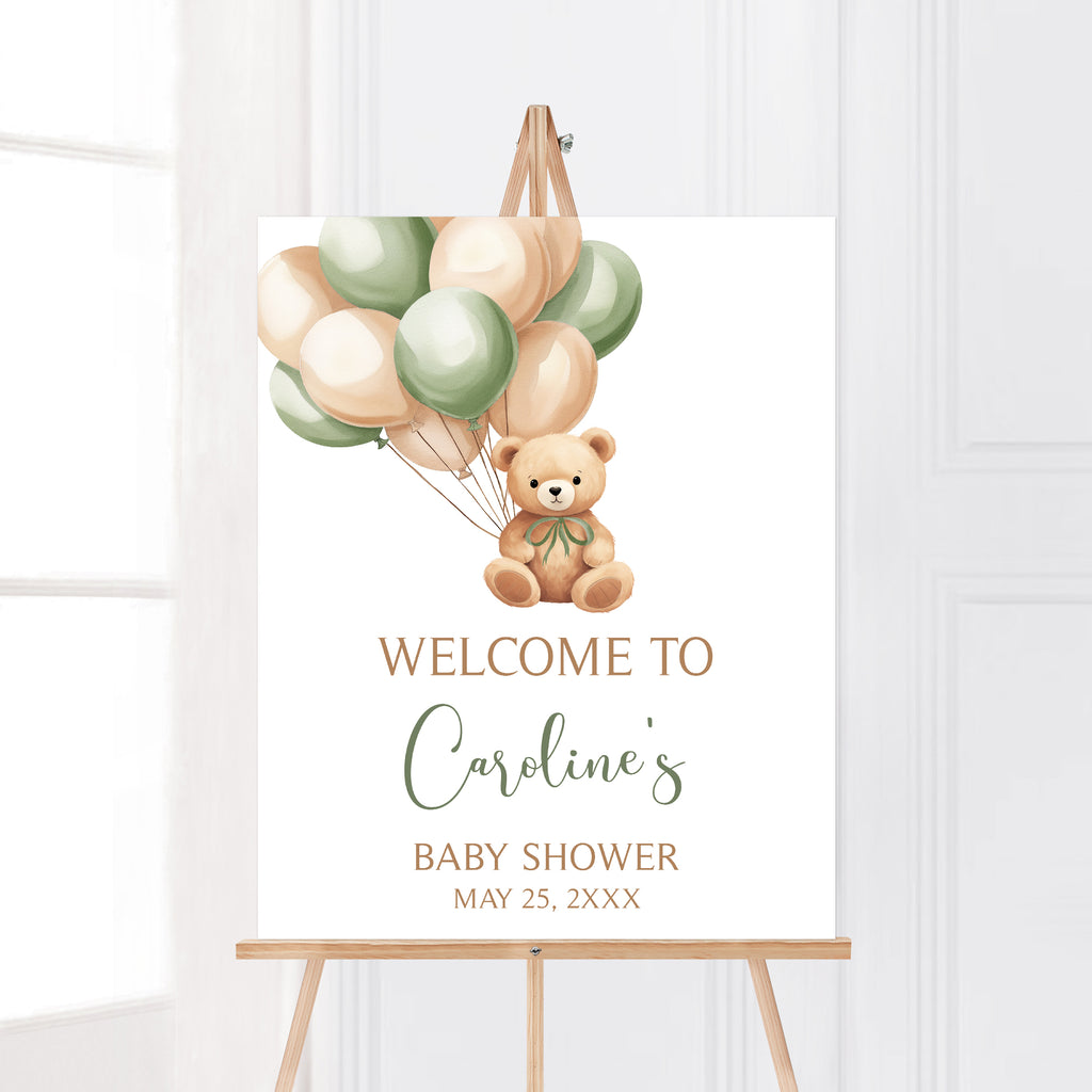 Green Bear Balloon Baby Shower Welcome Sign