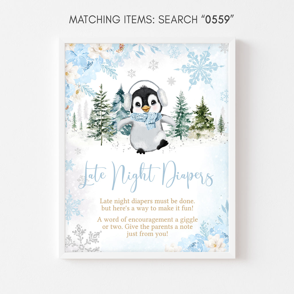 Boy Winter Penguin Baby Shower Late Night Diapers Sign