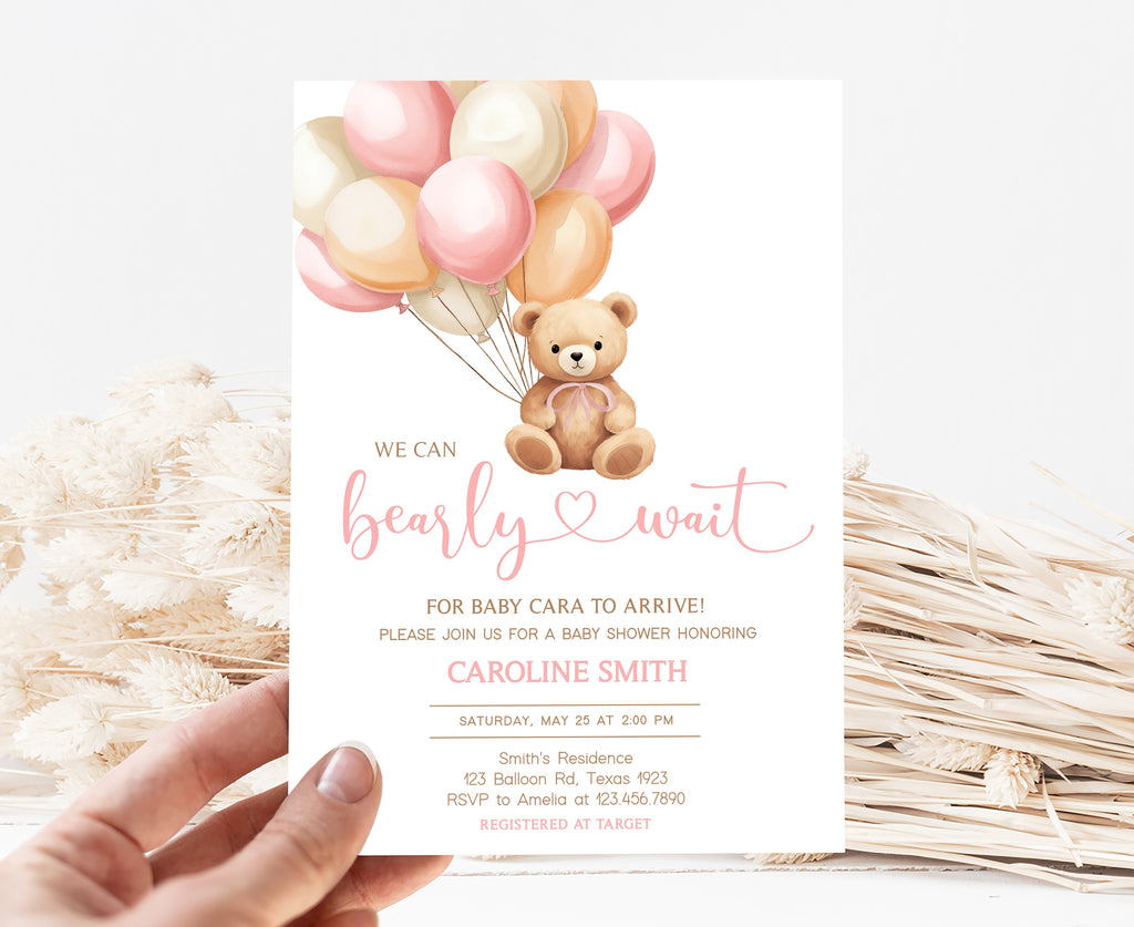 Pink Bear Balloon Baby Shower Invitation