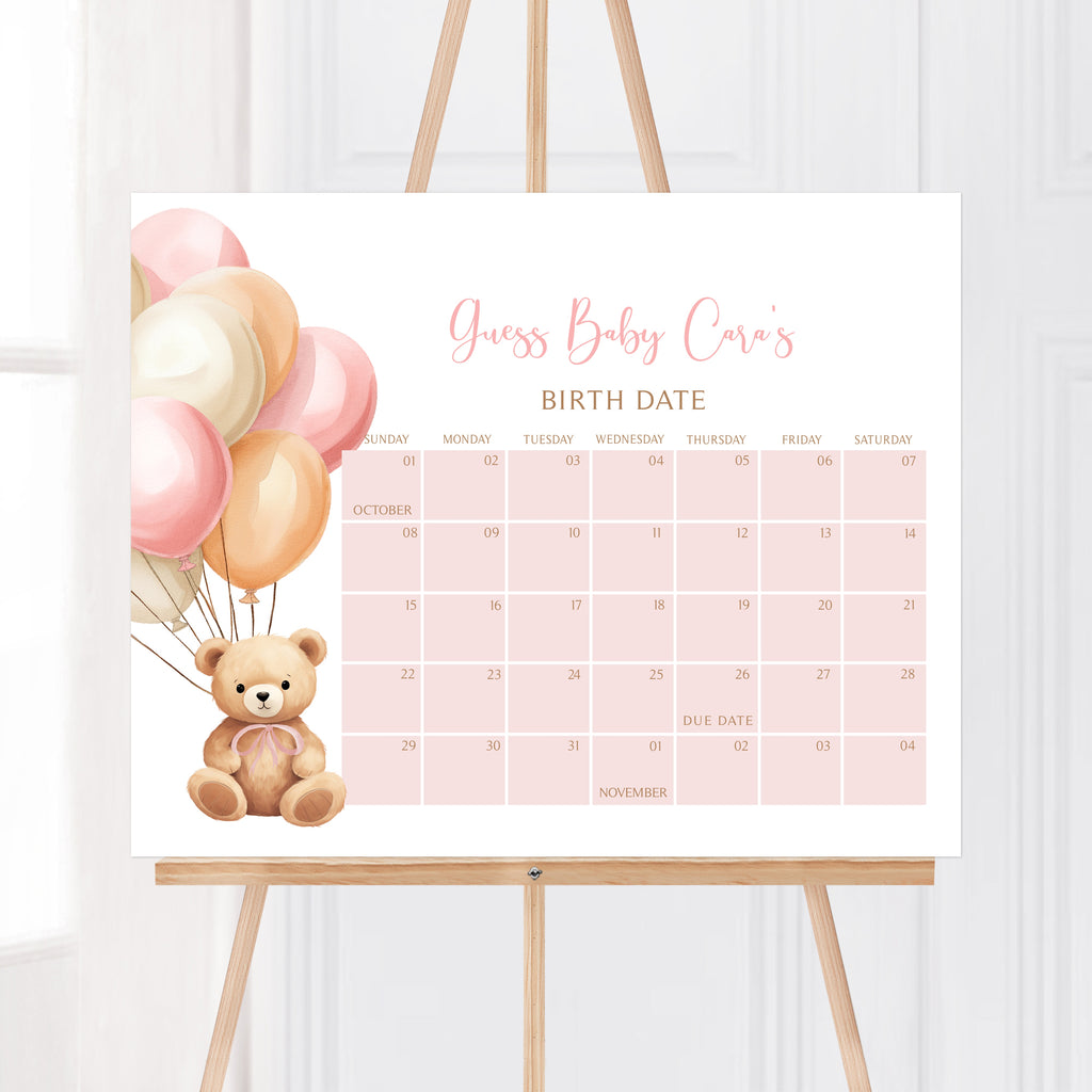 Pink Bear Balloon Baby Shower Due Date Calendar