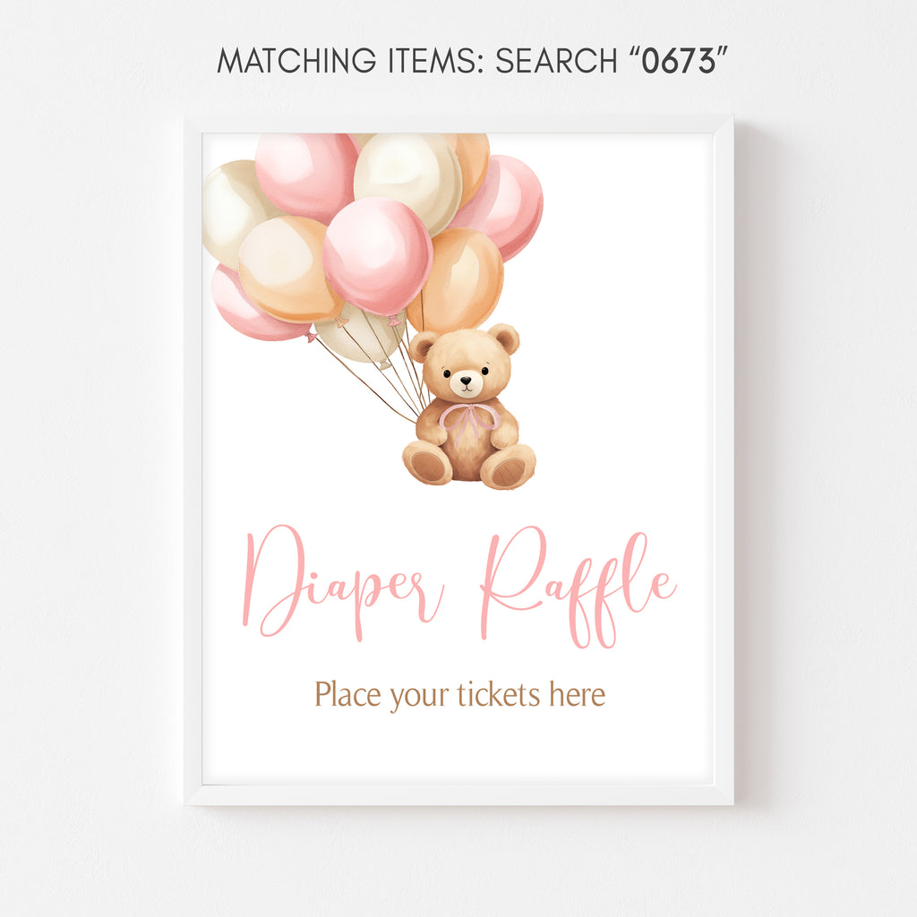 Pink Bear Balloon Baby Shower Diaper Raffle Sign