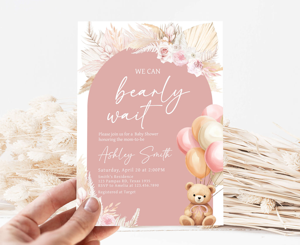 Pink Bear Balloon Baby Shower Invitation