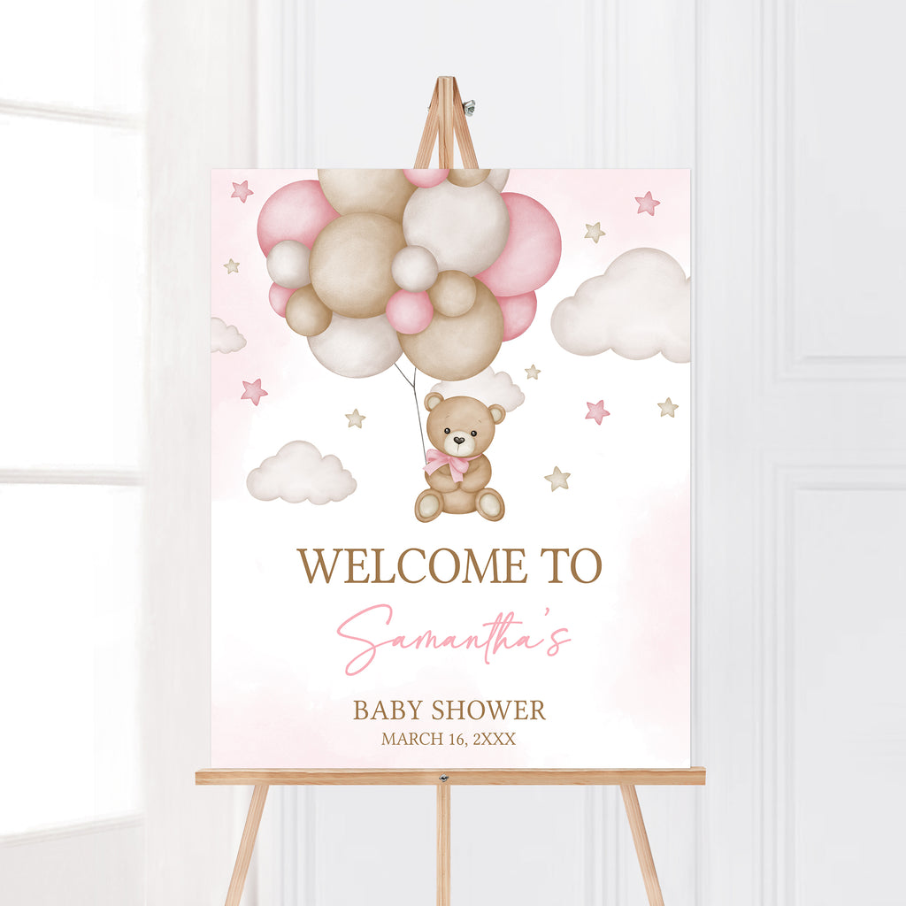 Pink Balloon Bear Baby Shower Welcome Sign