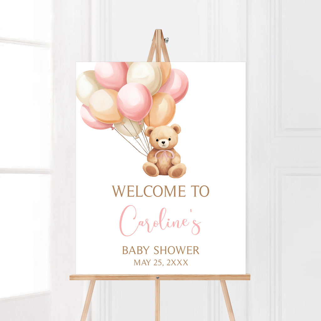 Pink Bear Balloon Baby Shower Welcome Sign