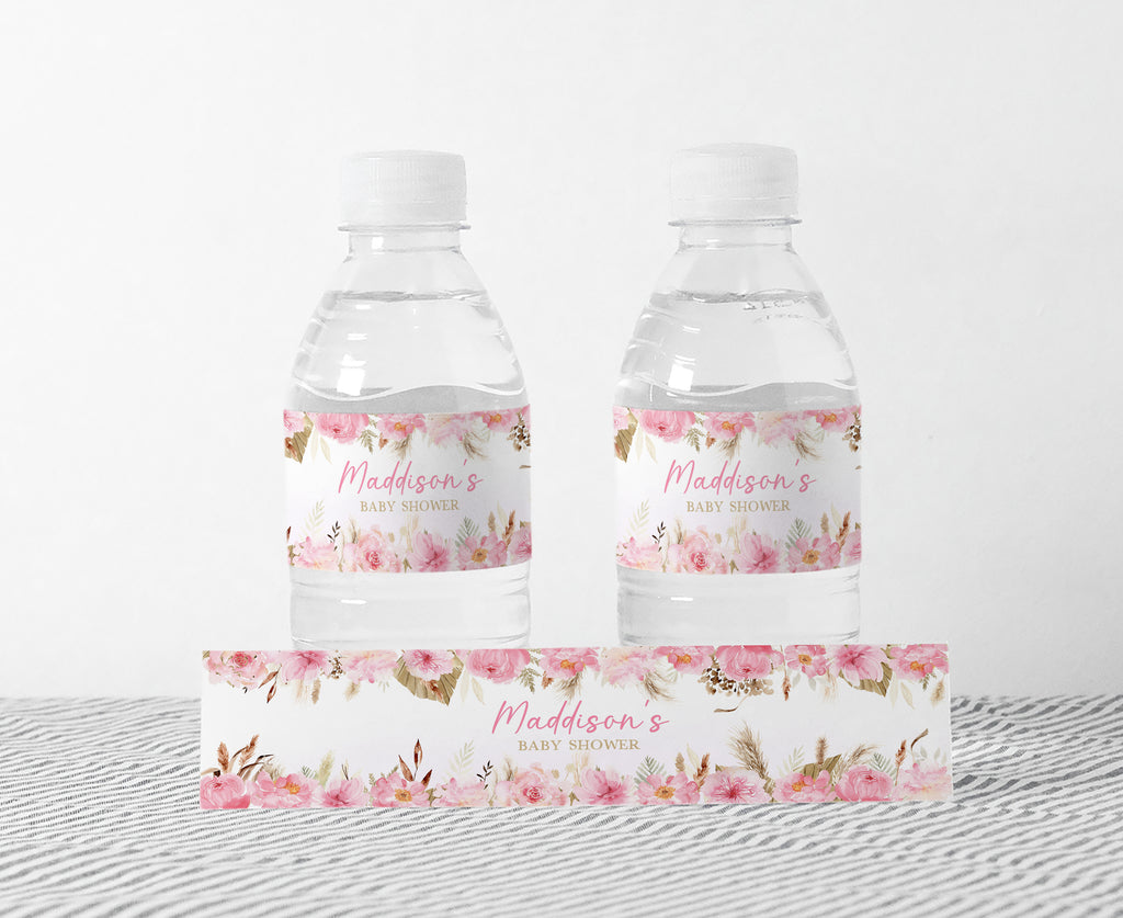 Pink Boho Butterfly Baby Shower Bottle Label