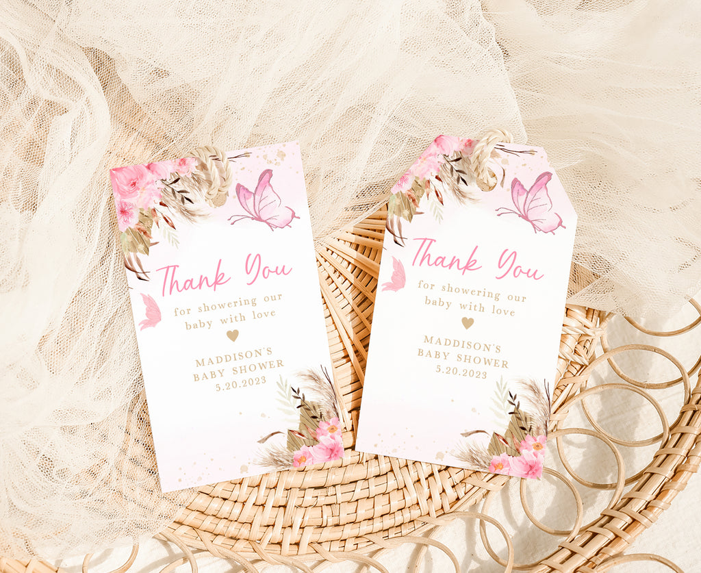 Pink Boho Butterfly Baby Shower Favor Tag