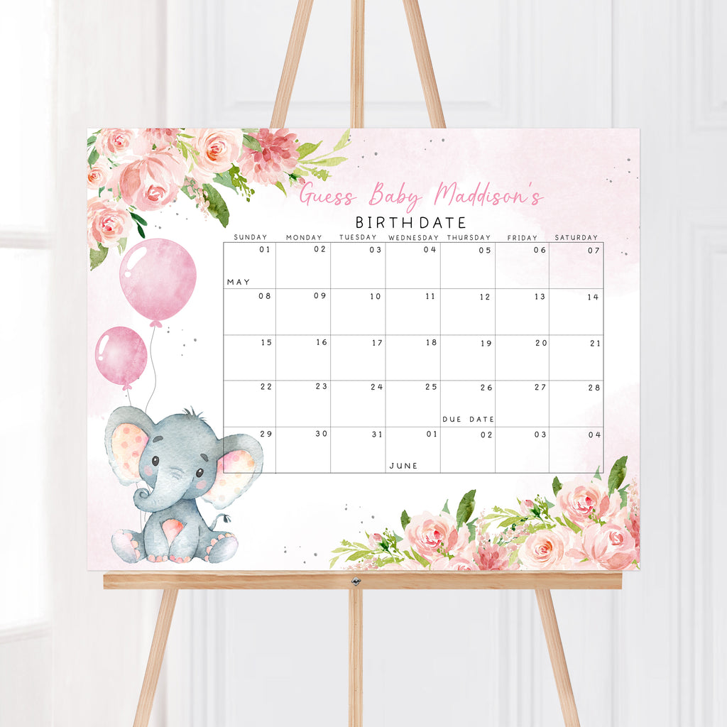 Girl Elephant Baby Shower Due Date Calendar