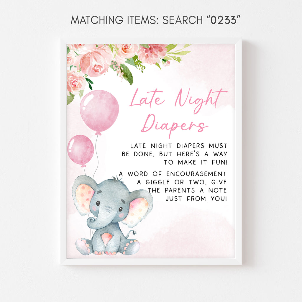 Girl Elephant Baby Shower Late Night Diapers Sign