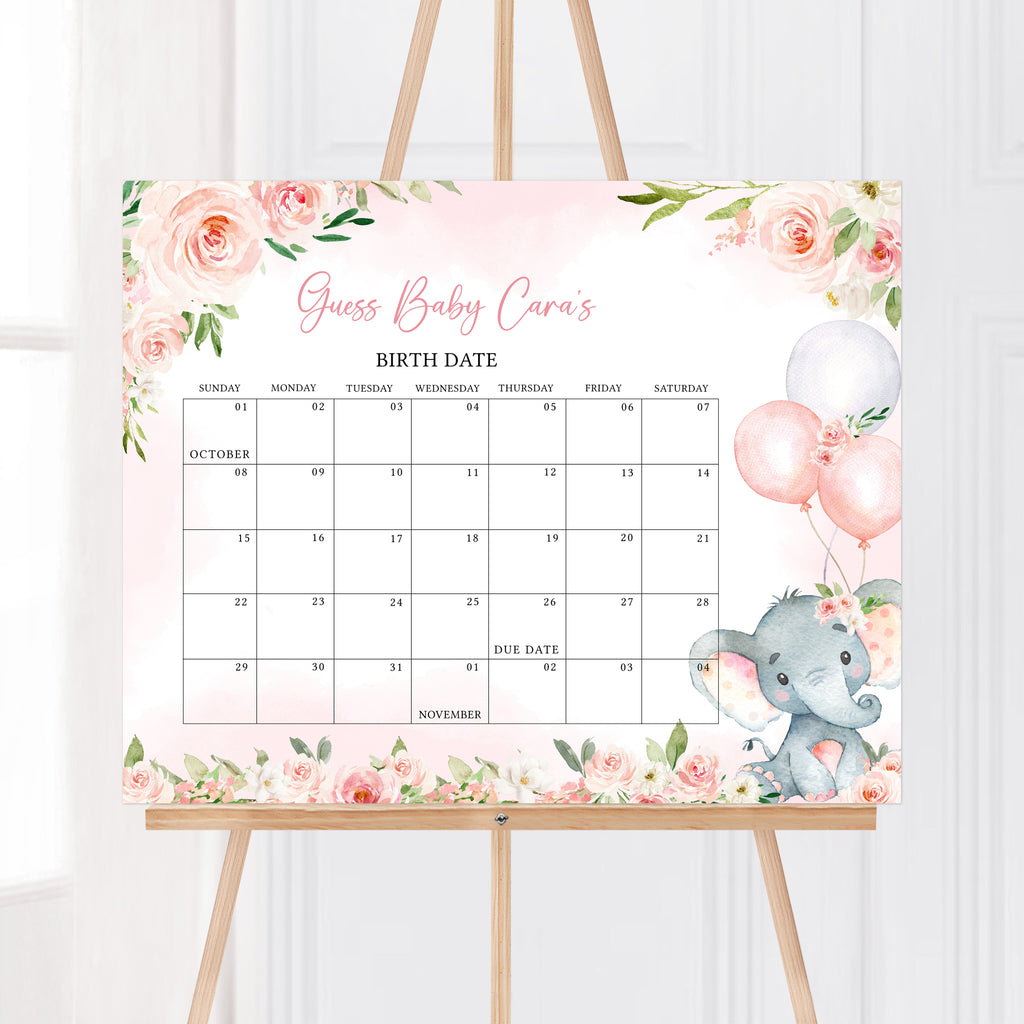Floral Elephant Baby Shower Due Date Calendar