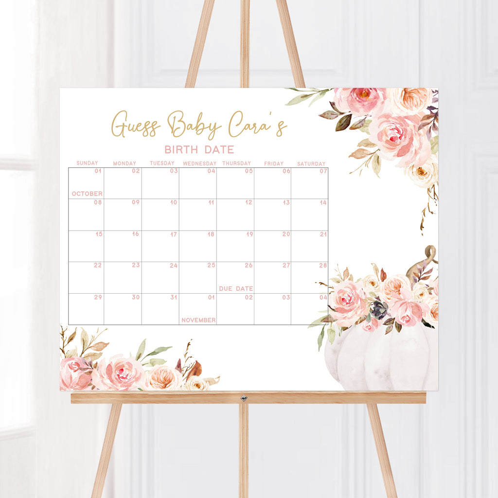 Pink Floral Pumpkin Baby Shower Due Date Calendar