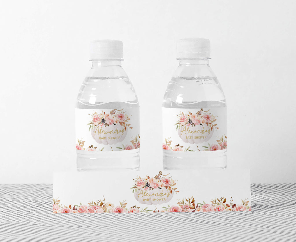 Pink Floral Pumpkin Baby Shower Bottle Label