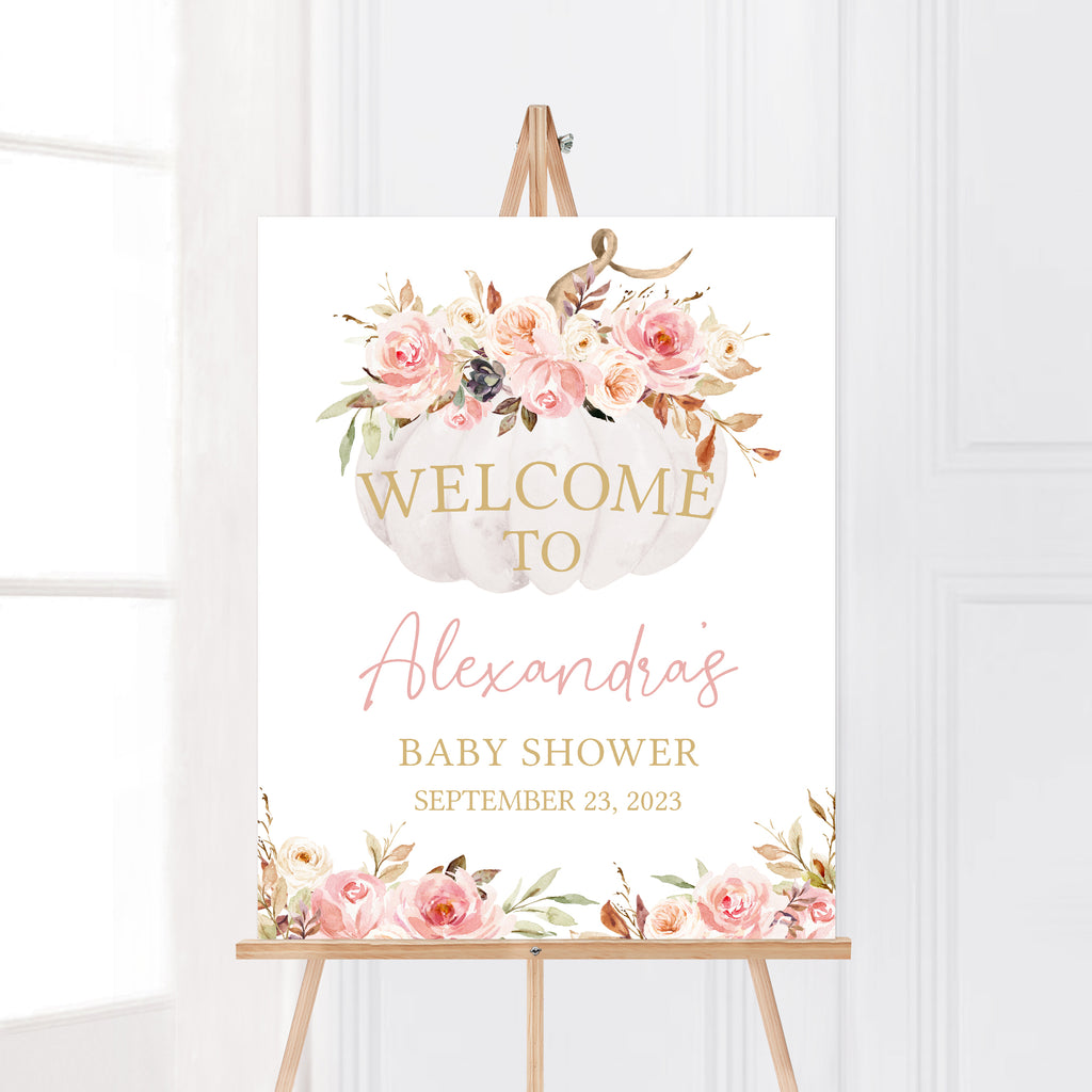 Pink Floral Pumpkin Baby Shower Welcome Sign