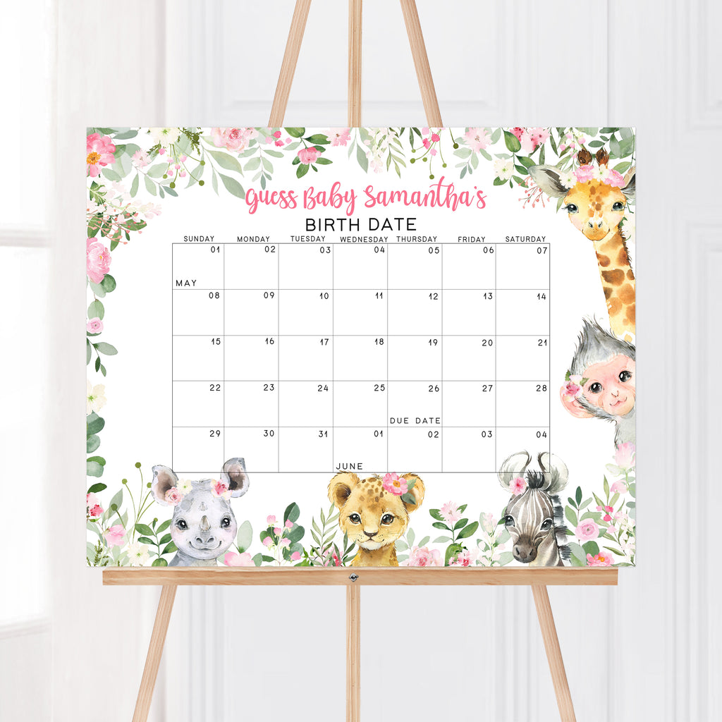 Girl Safari Baby Shower Due Date Calendar