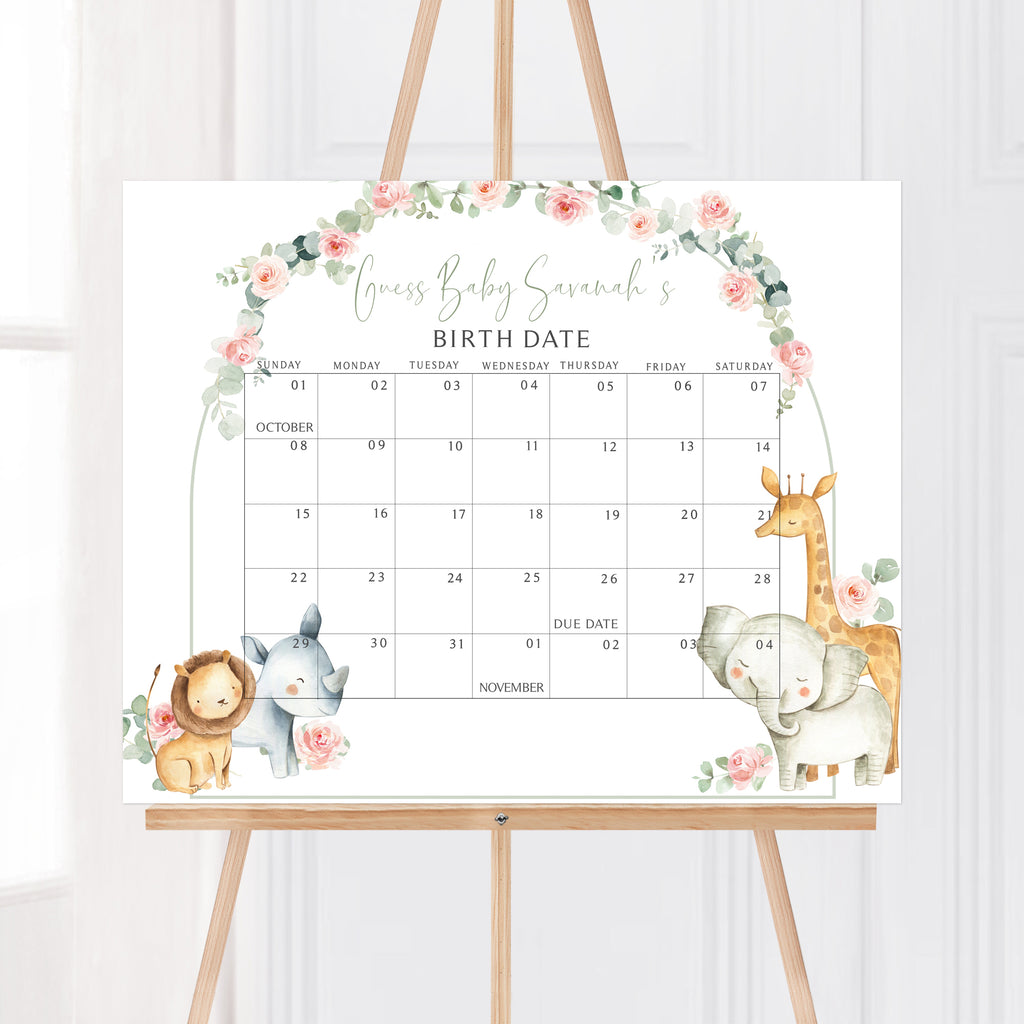 Floral Safari Baby Shower Due Date Calendar