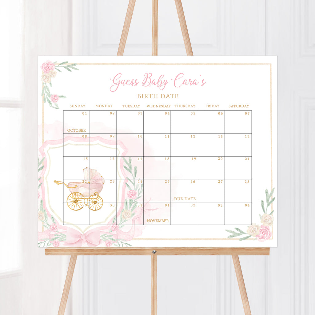 Watercolor Crest Baby Shower Due Date Calendar