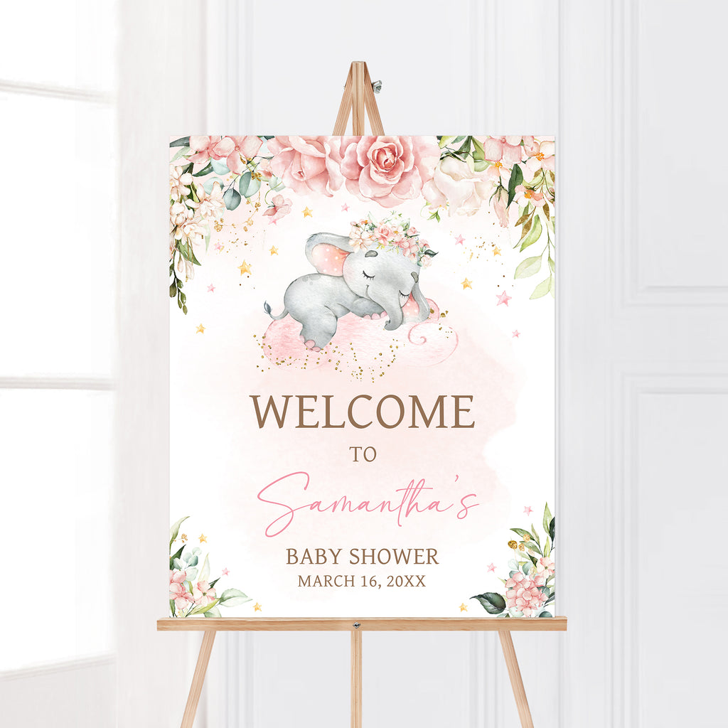 Pink Floral Elephant Baby Shower Welcome Sign