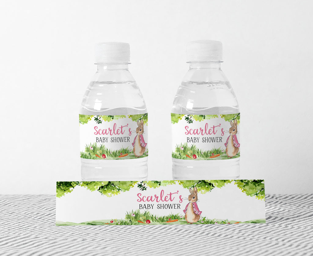 Pink Peter Rabbit Baby Shower Bottle Label