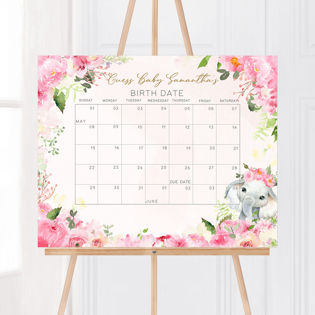 Pink Elephant Baby Shower Due Date Calendar