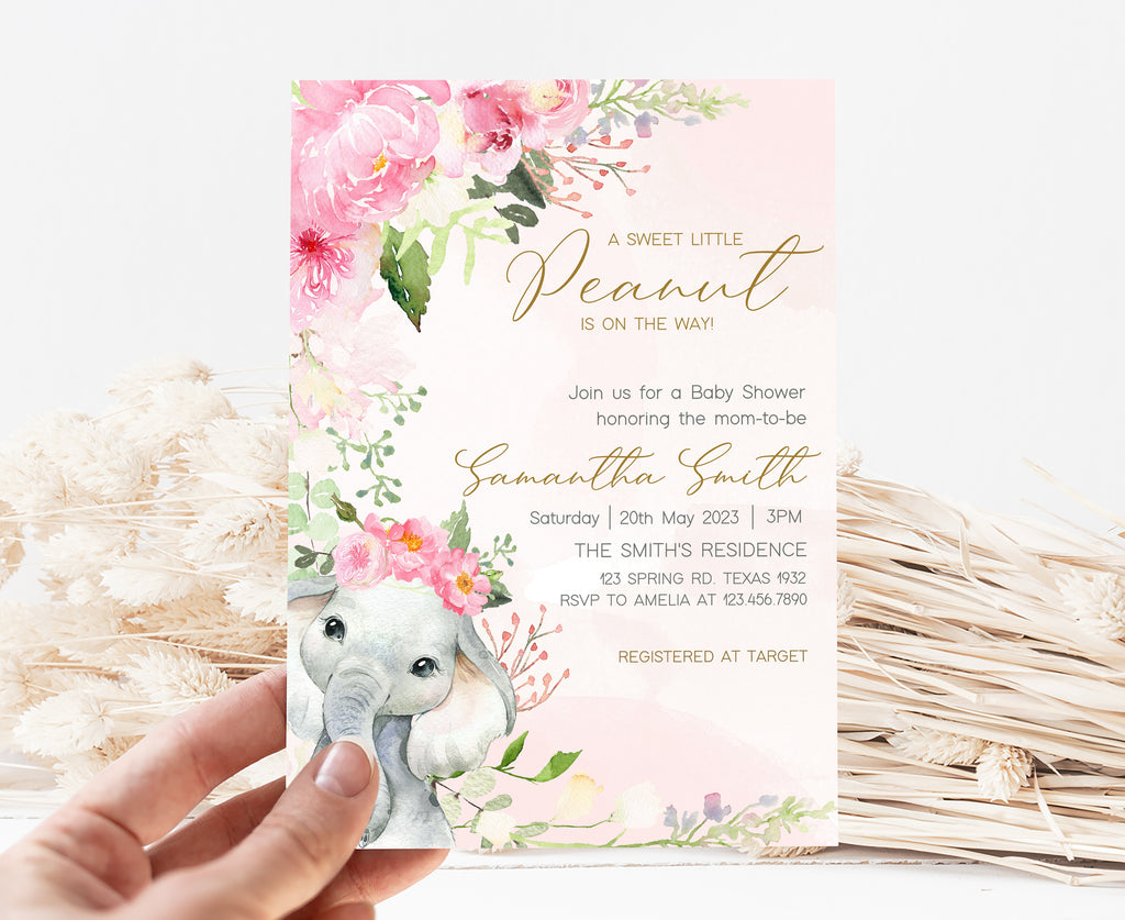 Pink Elephant Baby Shower Invitation